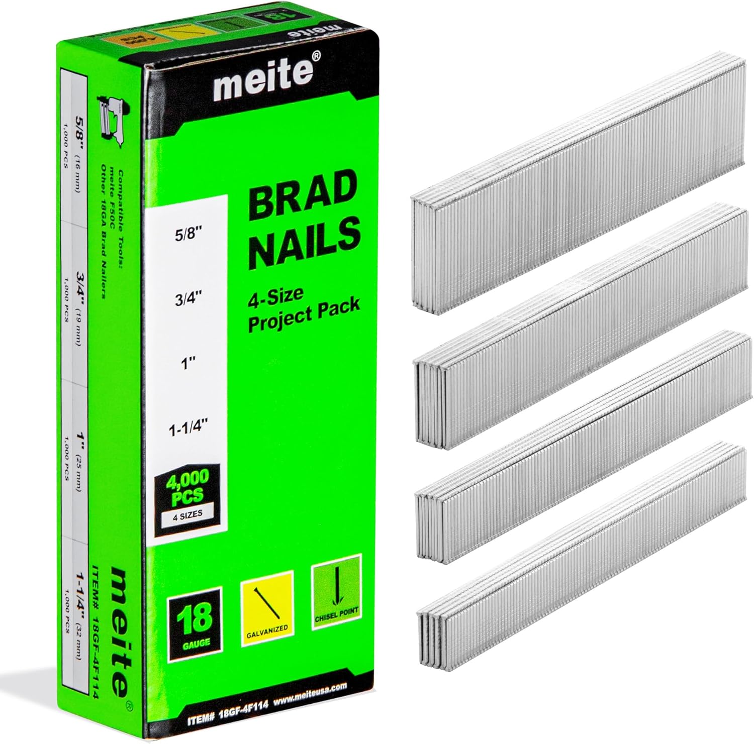 Installing meite 18GA Galvanized Brad Nails 4‑Size Pack on a wooden workbench