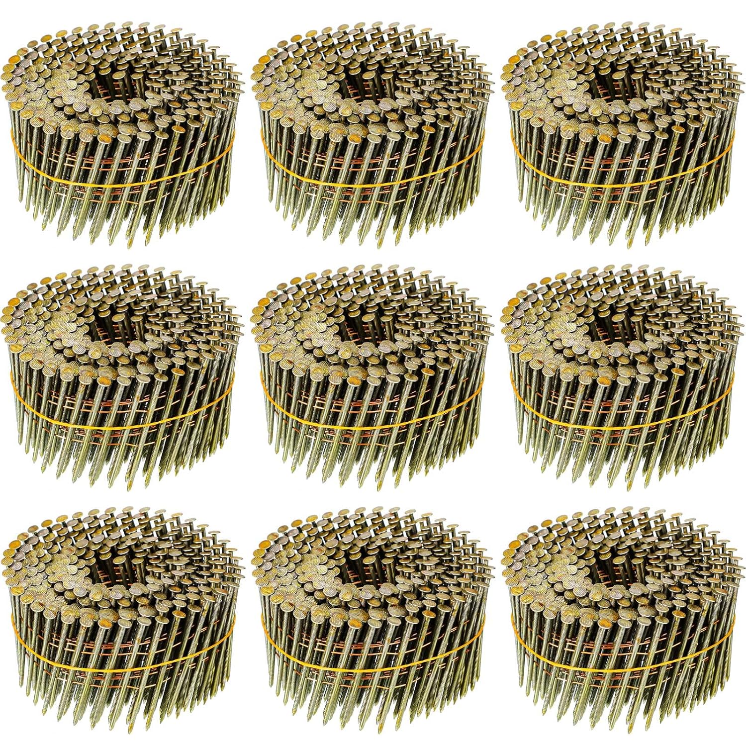 'Hotop collated siding nails in various sizes on a workbench'